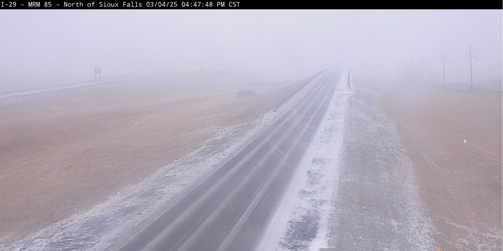 Photo from a SDDOT webcam shows low visibility due to blowing snow and strong wind gusts north of Sioux Falls at 4:47 PM March 4th.