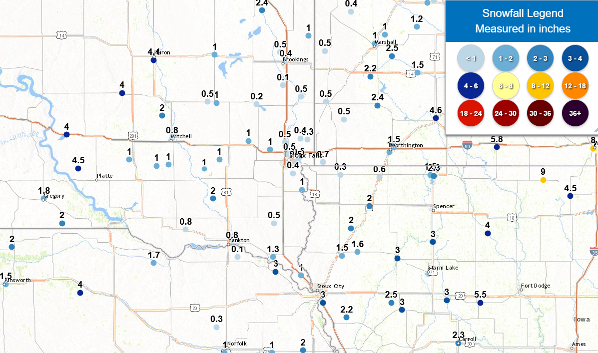 Map of snowfall totals for March 4-5, 2025 shows as little has a tenth to half inch of snow in far southeast South Dakota and as much as 4+ inches near Huron, SD and Windom, MN.