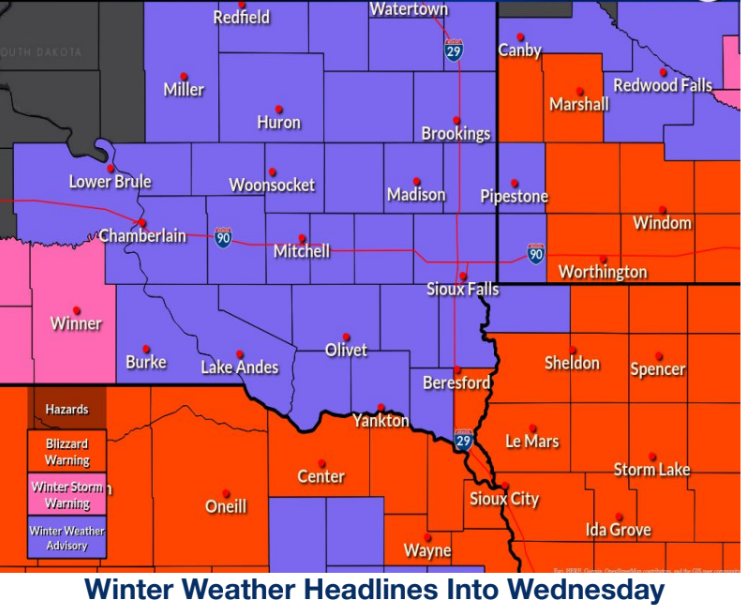 Map of weather advisory and warning products from March 4 to 5, 2025