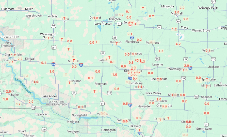 Snowfall totals from around the region. Most areas saw two inches of snow or less.