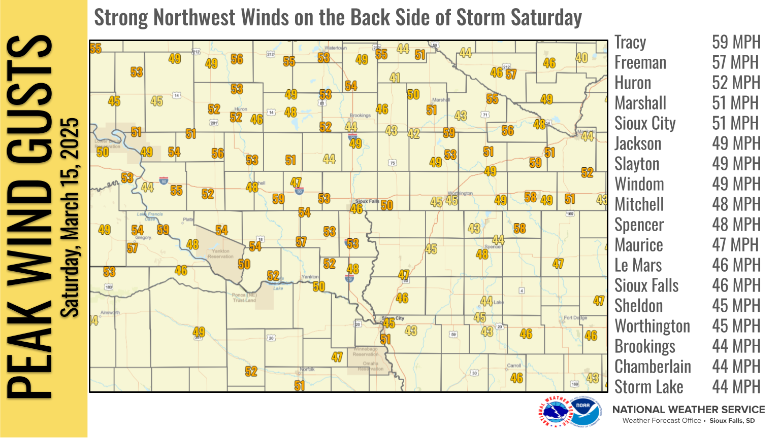 A map of peak wind gusts across the region shows many sites reaching 50 mph or higher on Saturday March 15th.