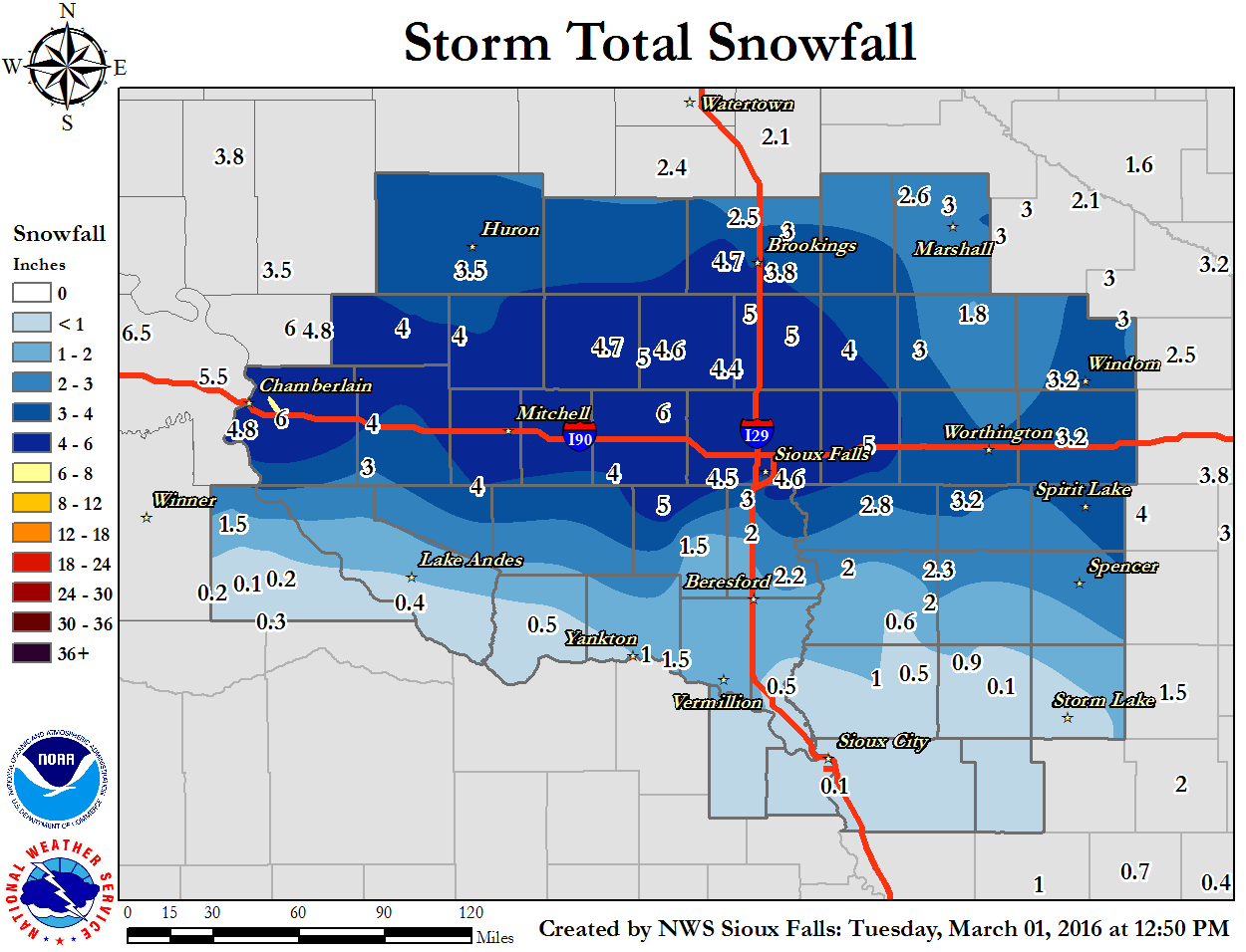 Map of snowfall reports February 29-March 1, 2016