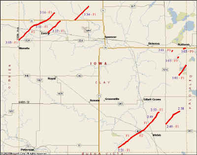 Tornado Tracks around Clay County Iowa on June 11, 2004 (92416 bytes)