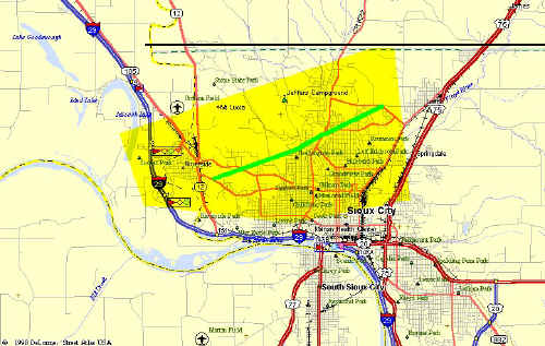 Map showing area of wind damage around Sioux City on August 2, 2001