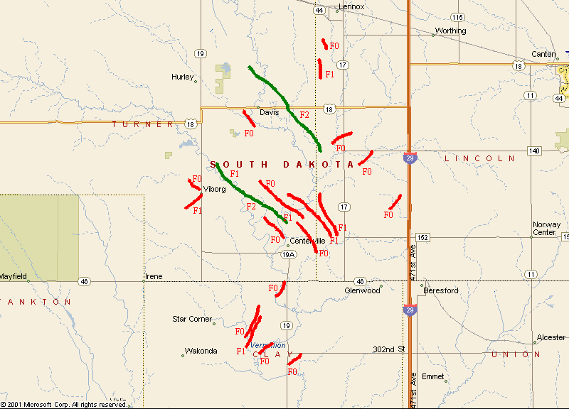 Map of 24 June 2003 Tornado Tracks - In and around Centerville, SD and Davis, SD.