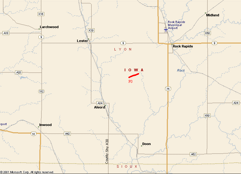 Map of 24 June 2003 Tornado Track - Lyon County, IA.
