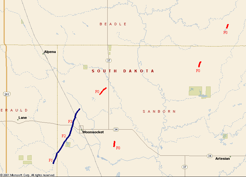 Map of 24 June 2003 Tornado Tracks - Around Woonsocket, SD.