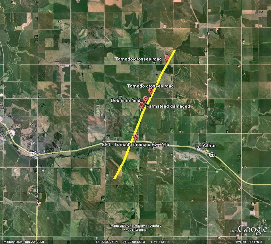 Map of tornado track near Arthur, Iowa