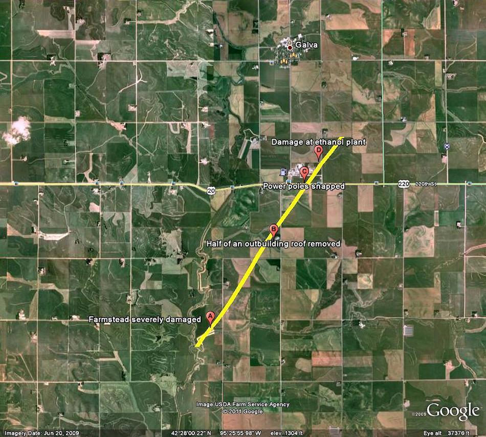Map of tornado south of Galva, Iowa.