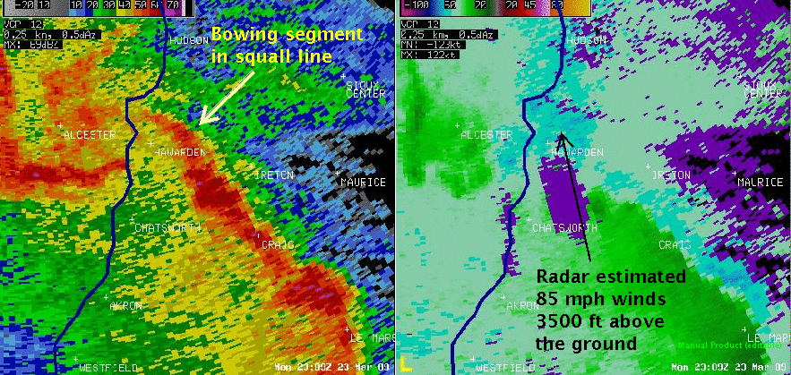 Radar picture of squall line near Hawarden, Iowa