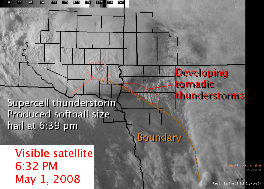 Visible satellite picture from 6:32 pm CDT, May 1, 2008