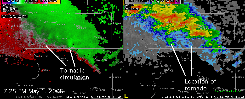 Radar image from the Lyon County Iowa tornadoes at 7:25 pm CDT