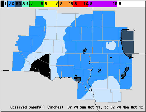 Map of Snowfall from 6 pm Sunday, October 11,  to 12 Noon Monday, October 12, 2009