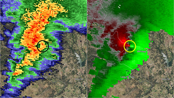 Reflectivity image on the left and storm relative image on the right. Image at 6:48 pm CST.