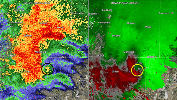 Reflectivity image on the left and storm relative image on the right. Image at 8:11 pm CST.