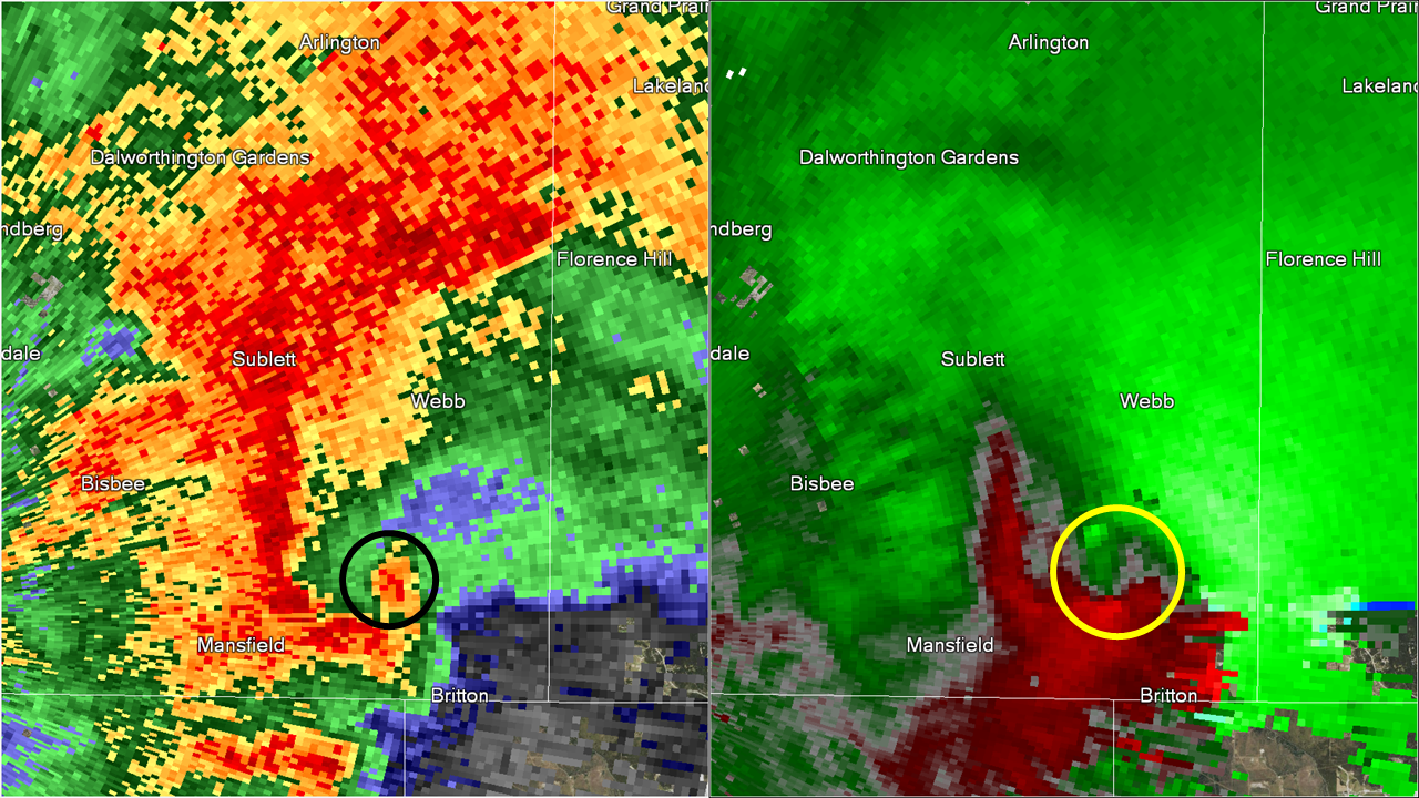Reflectivity image on the left and storm relative image on the right. Image at 8:20 pm CST.