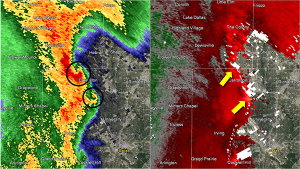 Reflectivity image on the left and storm relative image on the right. Image at 9:20 pm CST.