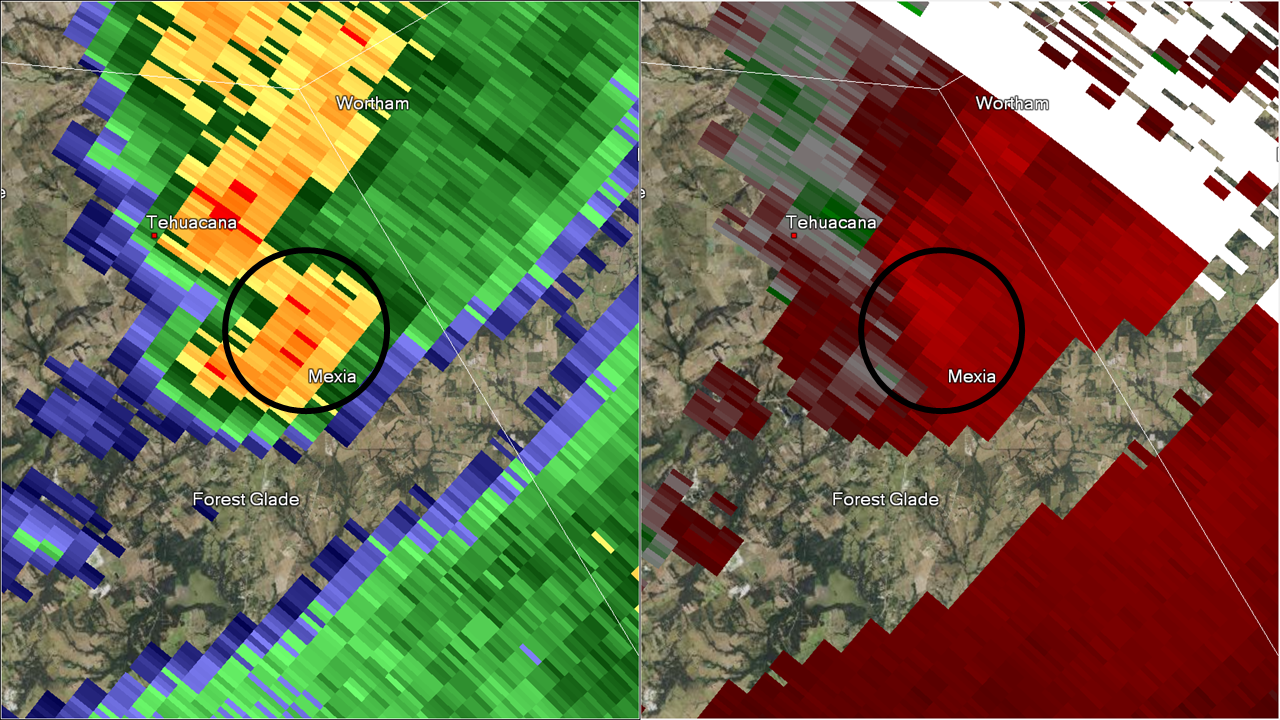 Reflectivity image on the left and storm relative image on the right. Image at 2:44 am CST.