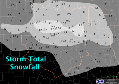 Map showing heavy snow across the northern half of North Texas on February 12th, 2010.