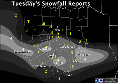 snowfall map shows 2 to 4 icnhes of snow maily south of I-20.