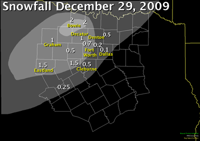 Snowfall map from December 29th, 2010. Most of the now was over the northwest part of North Texas.