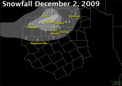 December 2nd, 2010 snowfall map. Most of the snow was along and north of I-20.