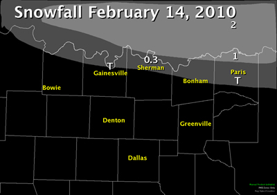 Total Snowfall Map for North Texas on February 14th, 2010. Snowfall was mainly across the Red River counties and was less than an inch in most locations.
