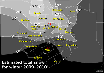 Seasonal snowfall map for North and Central Texas for 2009-2010. Map shows 25 inches near Bowie down to 3 to 5 inches around the Waco area.