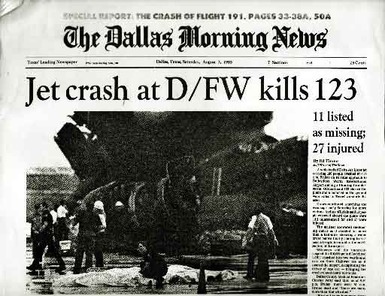 Picture of The Dallas Morning Newspaper showing the jet crash at D/FW.