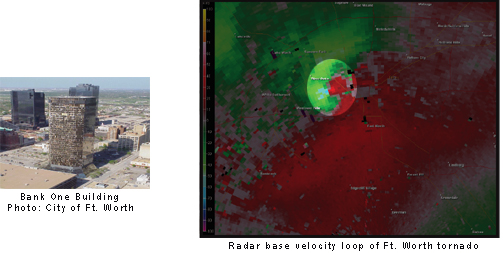radar reflectivity image showing the ft. worth tornado of March 28th, 2000