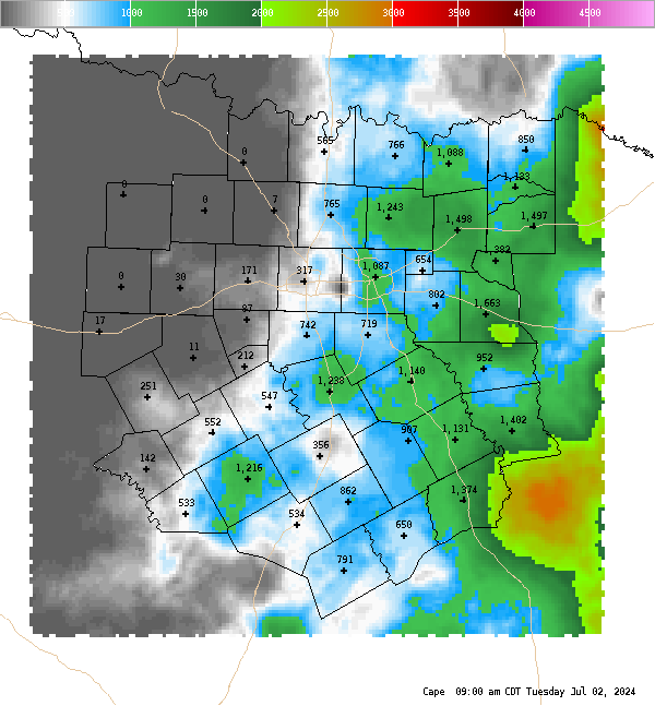 Automatically generated image showing areas of convective available potential energy.