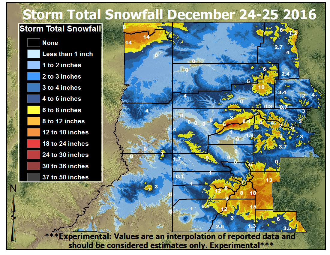 Map of total snowfall across eastern Utah and western Colorado after the Christmas 2016 storm