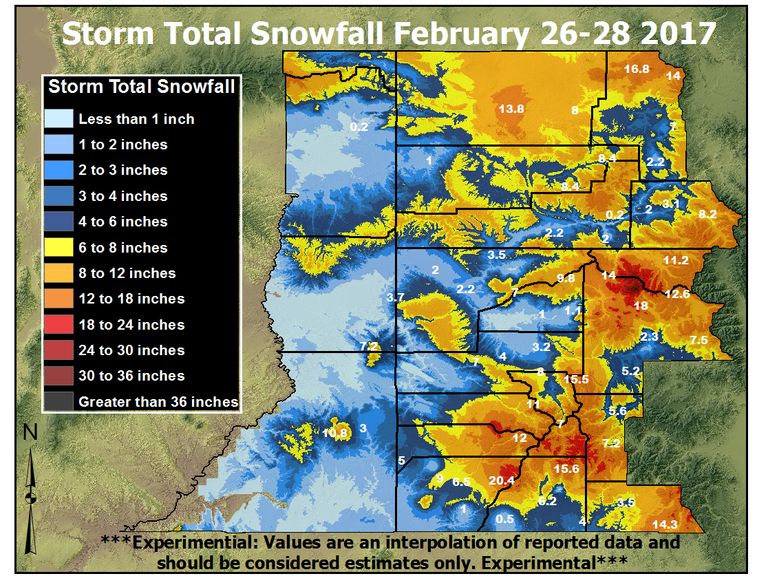 Total snowfall map from the February 26 to 28, 2017 Winter Storm