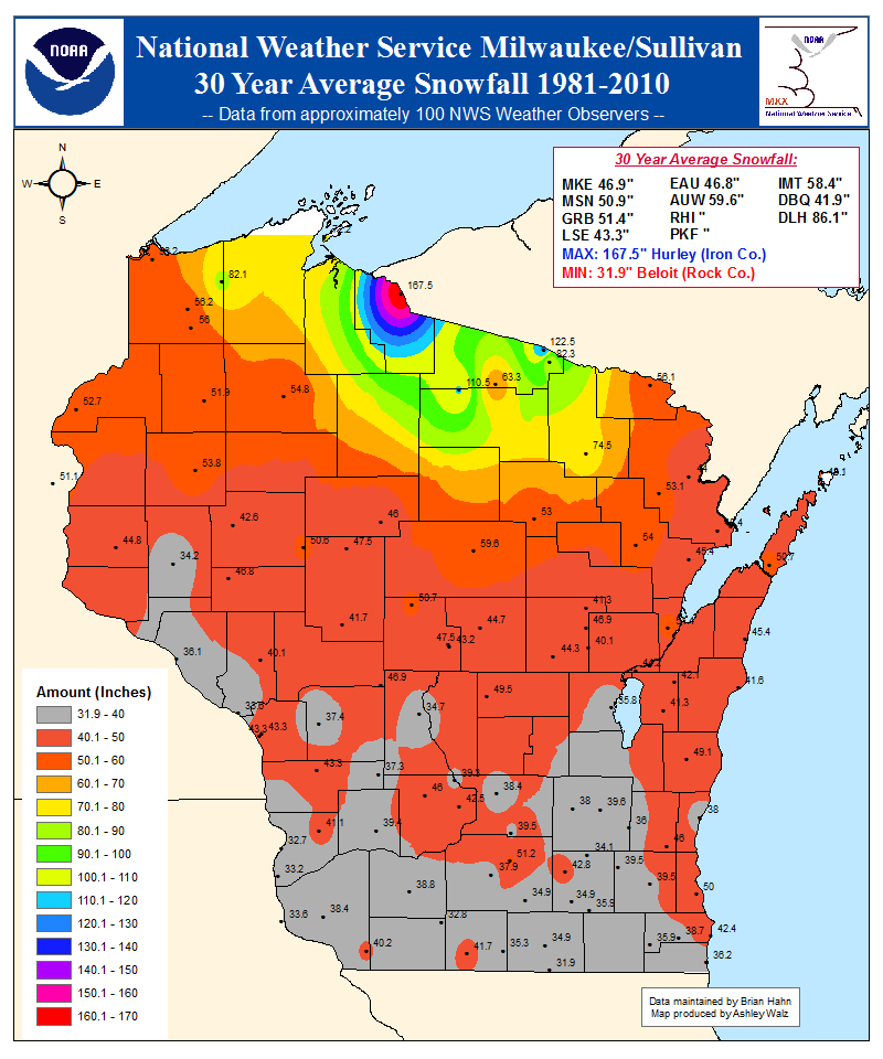 Wisconsin Weather Forecast Map Average Snowfall Totals for Northeast Wisconsin