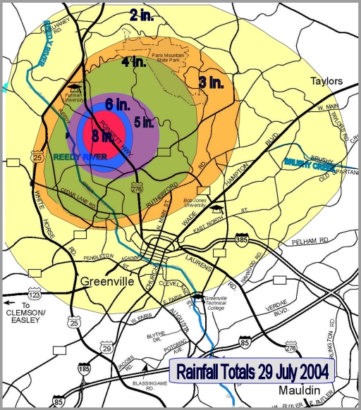 Rainfall totals around Greenville, SC, on 29 July 2004