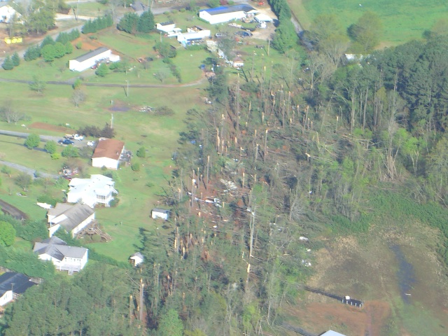 Aerial view of the tornado path near Townville, Anderson County, South Carolina.  Image courtesy of Anderson County Emergency Management
