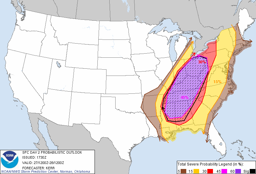 Day 2 Severe Weather probability issued at 1730 UTC on 26 April 2011
