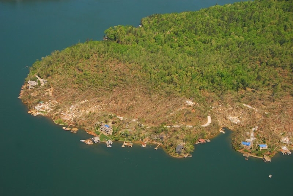 Aerial view of EF-3 damage to large wood-frame homes on Meeting House Mtn Road at Lake Burton in Rabun County, Georgia, on 27 April 2011.