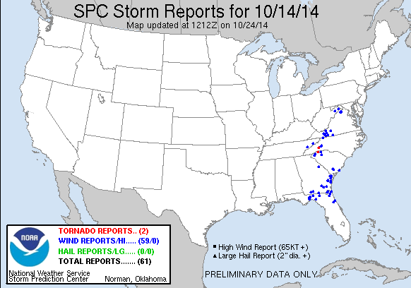 Local Storm Reports for the 24 hour period beginning 14 October 2014