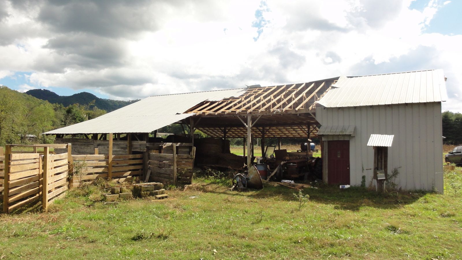 Roof damage to an outbuilding in the evening of 14 October 2014, in McDowell County, North Carolina