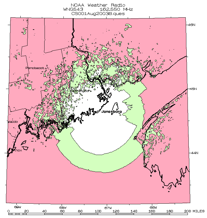 Detailed map of projected signal coverage of radio station WNG543