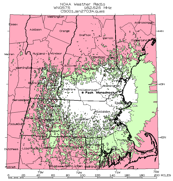 Detailed map of projected signal coverage of radio station WNG575
