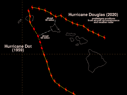 Map of Hawaii showing the comparison of Hurricane Dot with the preliminary track from Hurricane Douglas