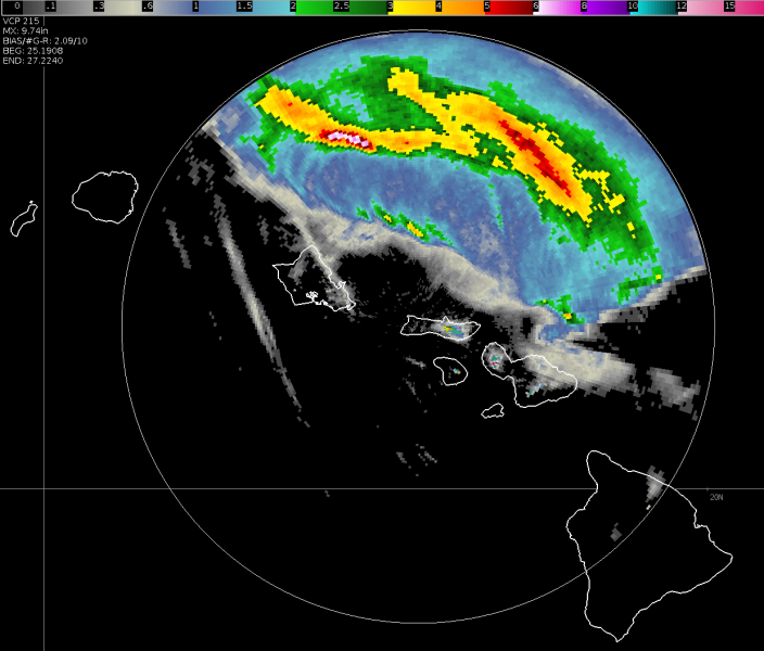 Image of storm total rainfall from the Molokai weather radar showing heaviest rain occurring along and north of Douglas