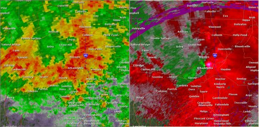 This National Weather Service radar image from 12:48am showed a tight velocity couplet near Arkadelphia in southern Cullman County. The base reflectivity product in the left panel shows rainfall intensity. The storm relative velocity product in the right panel shows winds toward (in green) and away (in red) from the radar in Shelby County, AL.