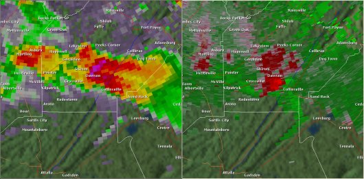 This National Weather Service radar image from 4:48pm shows a tight velocity couplet just northwest of Collinsville in southern DeKalb County. The base reflectivity product in the left panel shows rainfall intensity. The storm relative velocity product in the right panel shows winds toward (in green) and away (in red) from the radar in Hytop, AL. 