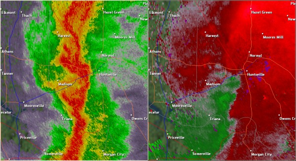 This National Weather Service radar image from 8:06pm shows weak rotation in the western part of Huntsville along I-565. The base reflectivity product in the left panel shows rainfall intensity. The storm relative velocity product in the right panel shows winds toward (in green) and away (in red) from the radar at Hytop, AL.