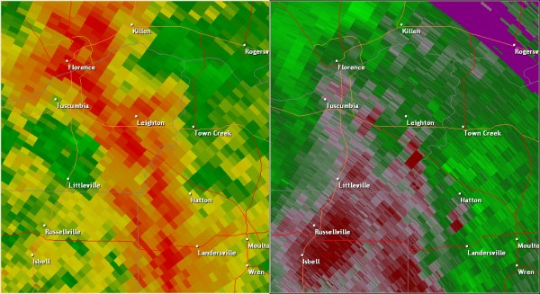 This National Weather Service radar image from 3:48pm shows a broad area of circulation south of Leighton near the Whiteoak community. This tornado was likely the result of a non-descending mesocyclone. This means the circulation developed closer to the ground than most storms. Because the Columbus AFB radar is nearly 70 miles away, the stronger circulation occurred below the radar beam. This is a perfect example of why storm spotters are an integral part of National Weather Service warning operations. The base reflectivity product in the left panel shows rainfall intensity. The storm relative velocity product in the right panel shows winds toward (in green) and away (in red) from the radar near Columbus AFB, MS.