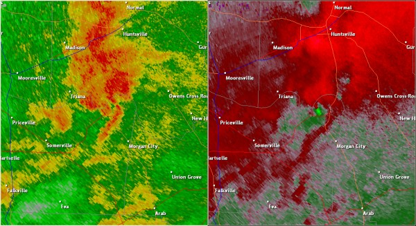 This National Weather Service radar image from 5:27pm shows an tight velocity couplet approaching the Lacey's Spring community. The base reflectivity product in the left panel shows rainfall intensity. The storm relative velocity product in the right panel shows winds toward (in green) and away (in red) from the radar at Hytop, AL.
