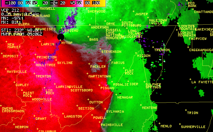 Radar image from 4:05 am CDT October 25th 2010 showing two circulations moving across far eastern Jackson County Alabama. 